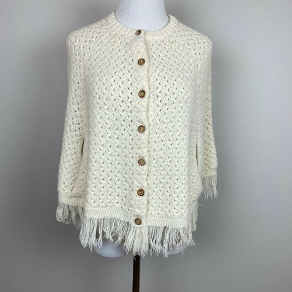 Vintage Poncho Cape Sweater XS S Fringe Open Knit Button Up May Knitting Co